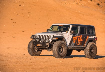 Three-quarter view of modified Jeep JL Wrangler in the desert