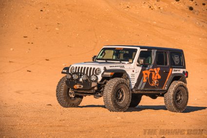 Three-quarter view of modified Jeep JL Wrangler in the desert