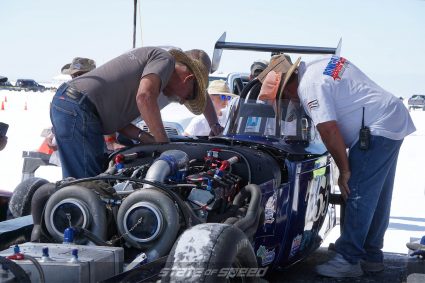 Big twin turbos on roadster at Bonneville