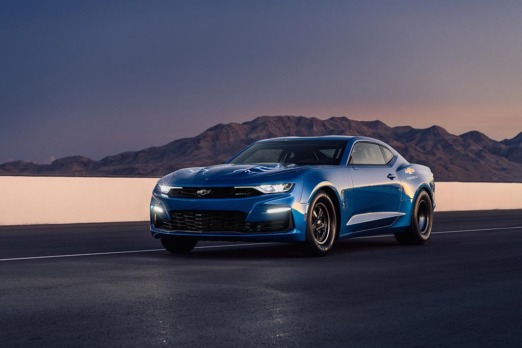 blue Chevrolet eCOPO Camaro electric car
