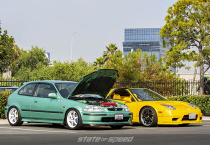 Green Honda Civic and Yellow Acura NSX at State of Speed Los Angeles LA