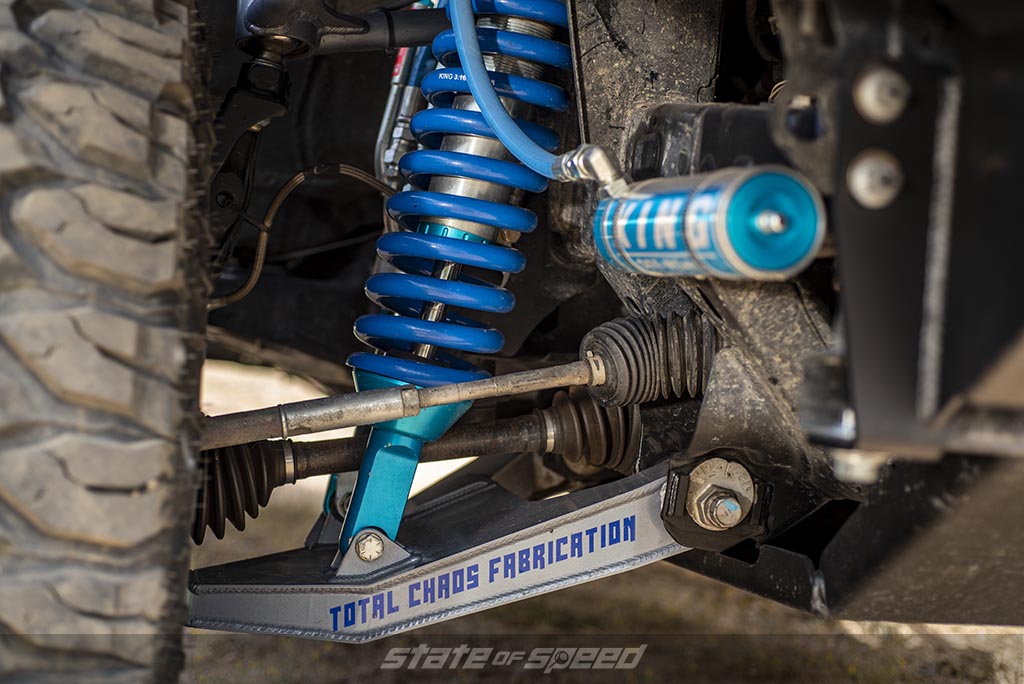 Blue and silver Total Chaos Fabrication Lower Control Arm LCA and King Coilovers with oil reservoir 