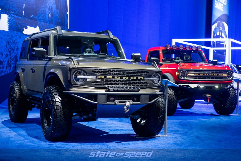 Ford Bronco Outer Banks and Red Fire Dept. Bronco at the Ford Booth at SEMA 2021