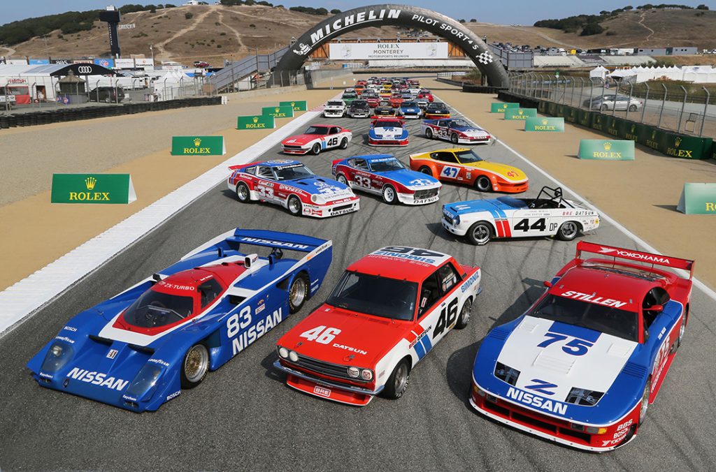 2018 Rolex Monterey Motorsports Reunion with various blue, red, and white nissan race cars