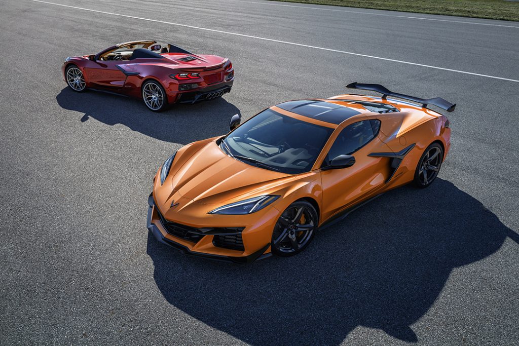 orange 2023 Chevrolet Corvette Z06 next to a red C8 Corvette Convertible 