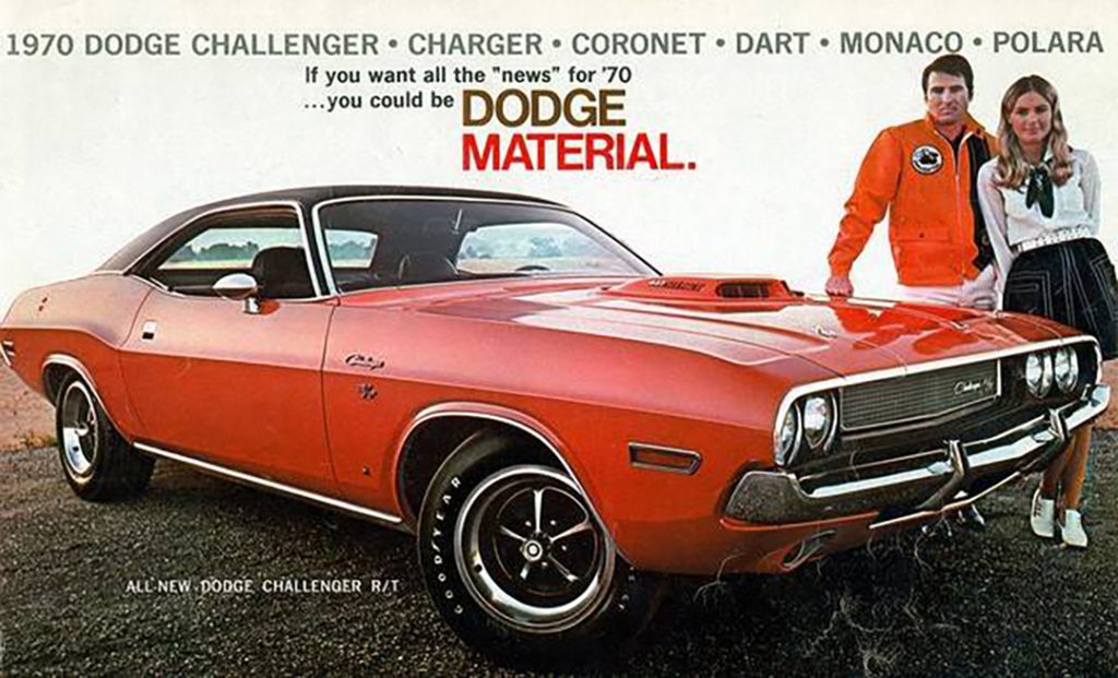 70's dodge Advertisement featuring an orange dodge challenger T/A