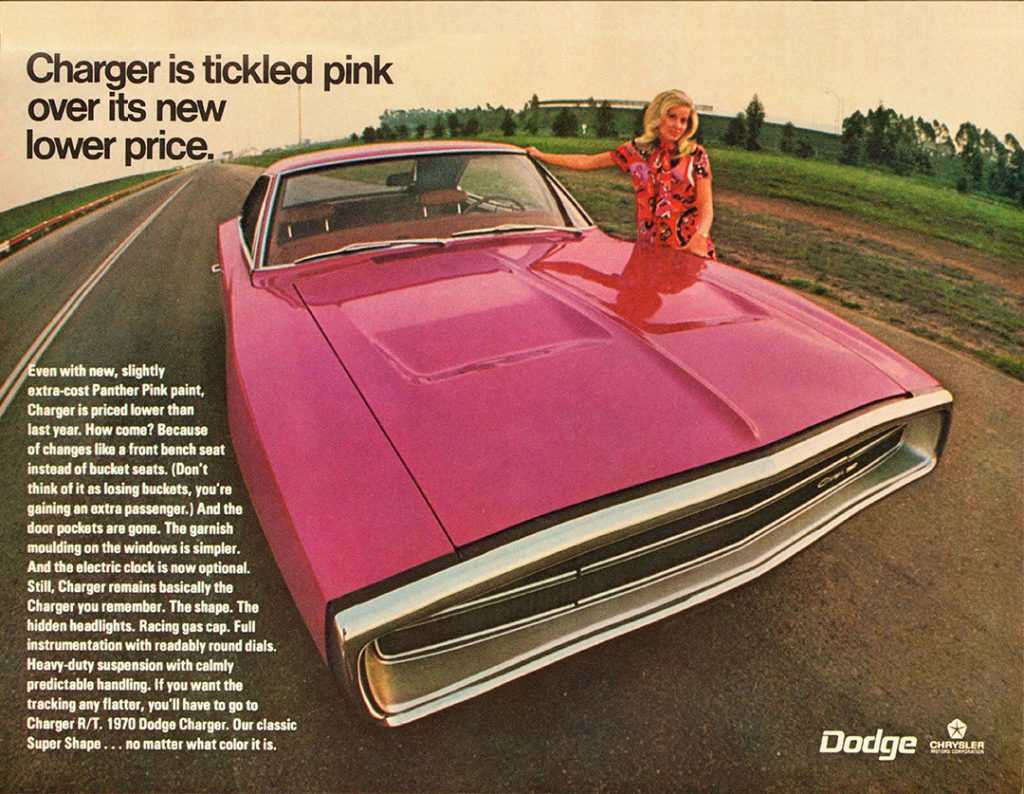 Pink 1970 Dodge Charger featured in a magazine advertisement 