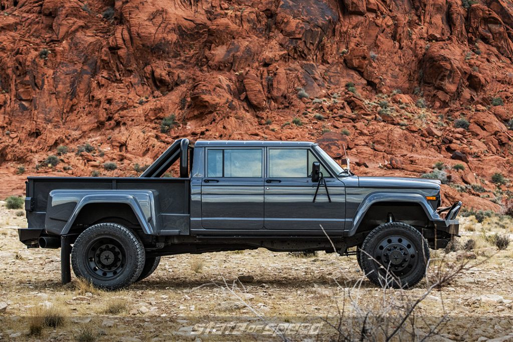 side profile of the Ford Raptor Lead Foot Grey Jeep J60 Dually by hodson motors 