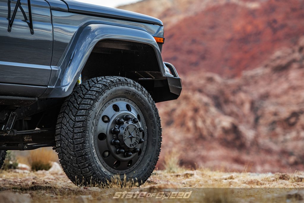 Rims and tires of the Ford Raptor Lead Foot Grey Jeep J60 Dually by hodson motors 