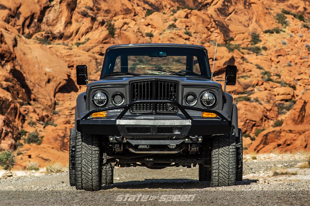 front end of the Ford Raptor Lead Foot Grey Jeep J60 Dually by hodson motors 