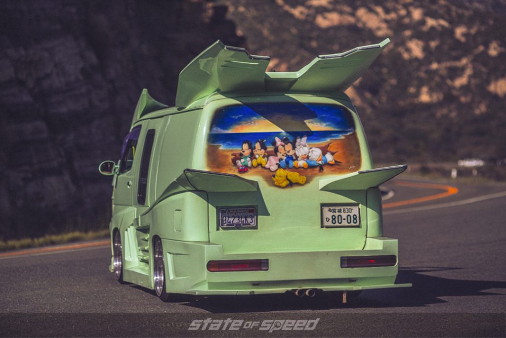 Green Bosozoku Toyota Hiace Panel Van rear with a disney mural