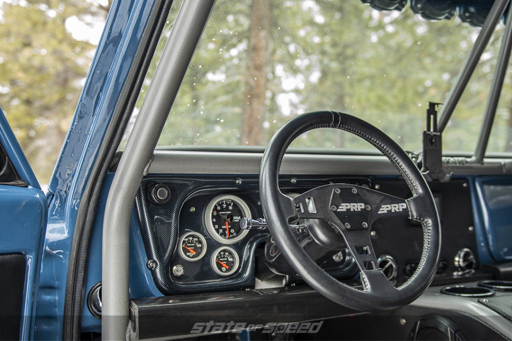 blue 1969 chevy k5 blazer interior with N8Z Fab console and PFP steering wheel