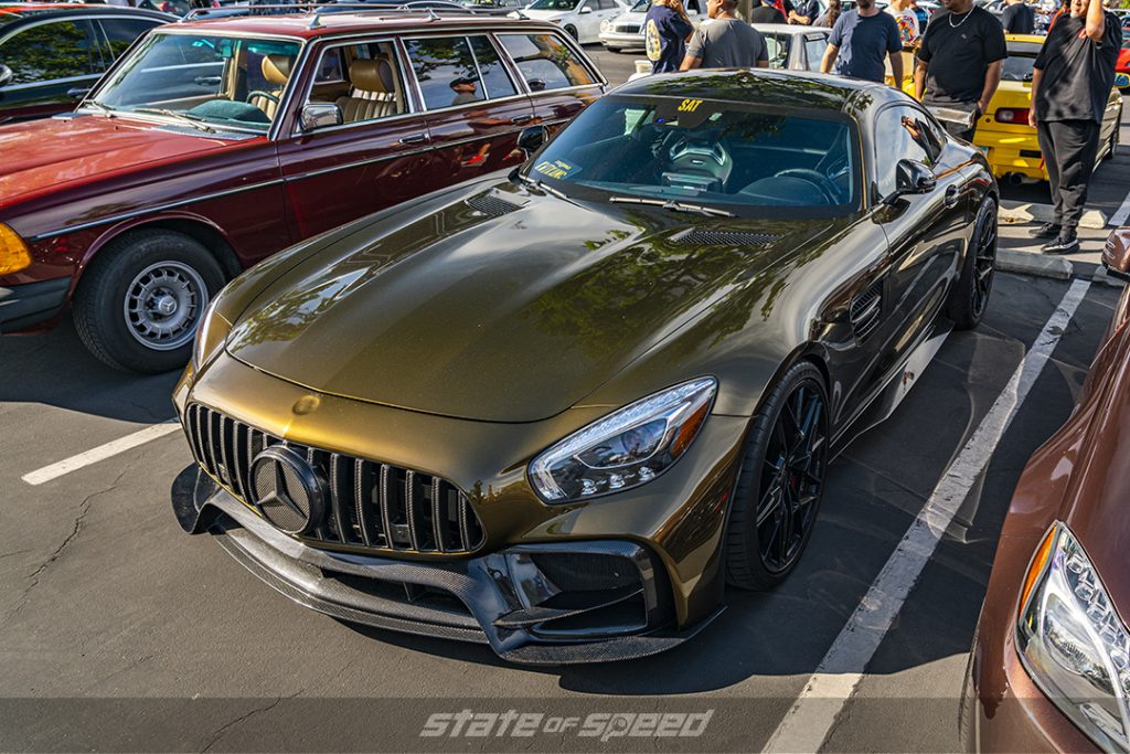 gold mercedes AMG GT-R at state of speed la