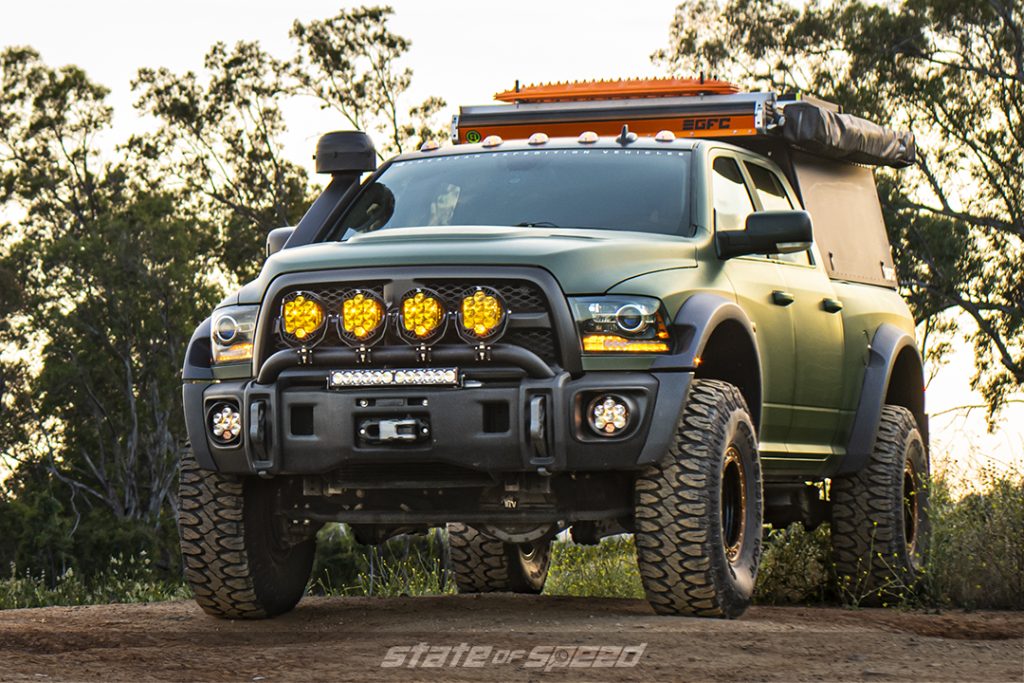 Green RAM power wagon on Patagonia M/T Tires