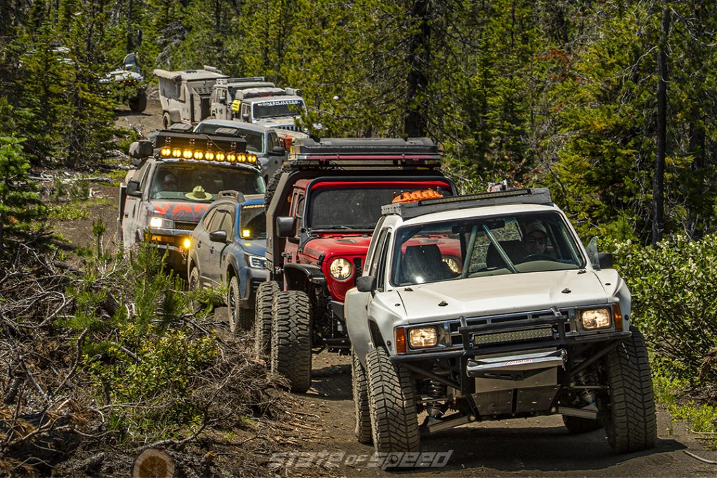 gray toyota, red jeep, blue subaru, and more overlanders head down a forest trail