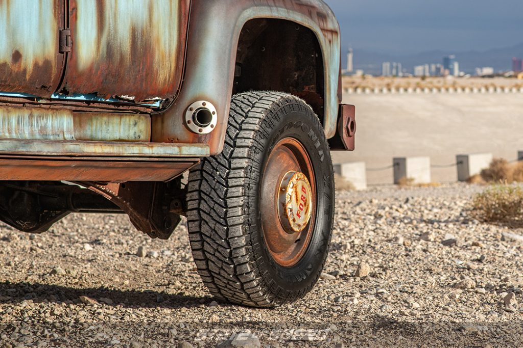 wheel close up of rusty ford f600 dually on Milestar Patagonia X/T 37X12.50 R20 LT Tires
