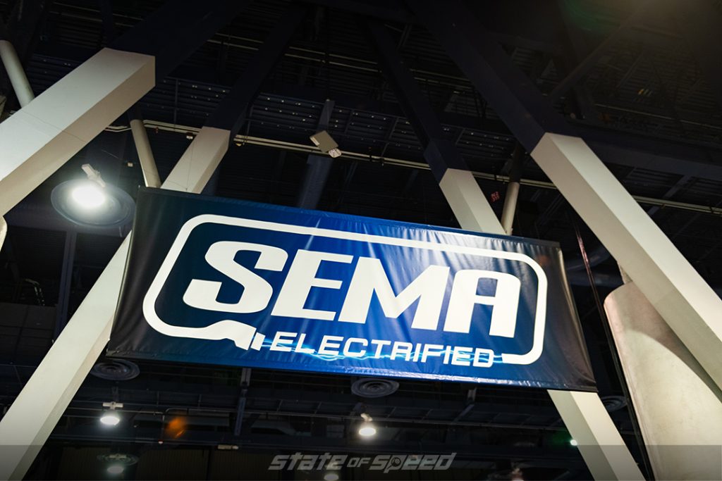 Blue SEMA Electrified Logo Banner at SEMA 2022