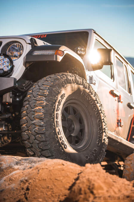 Close-up of Milestar Patagonia M/T tire rock crawling in the desert