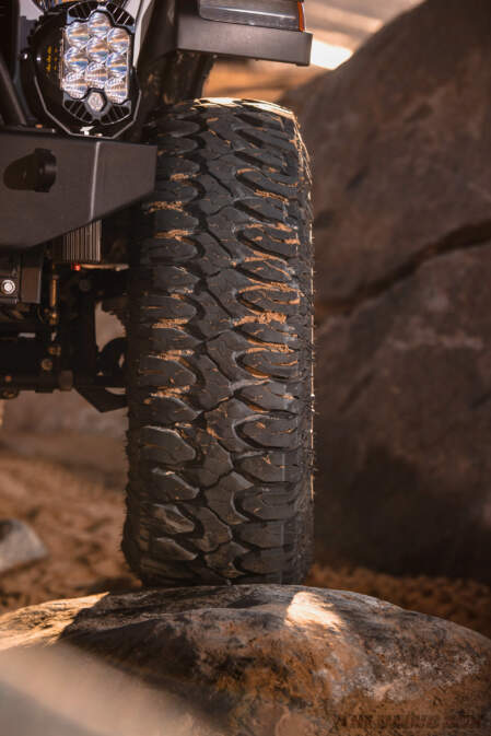 Tread shot of Milestar Patagonia M/T tire rock crawling in the desert
