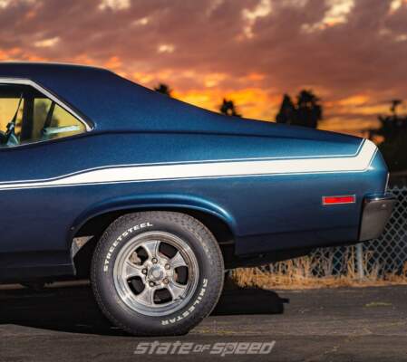 1972 Chevy Yenko Nova Replica in a parking lot at sunset