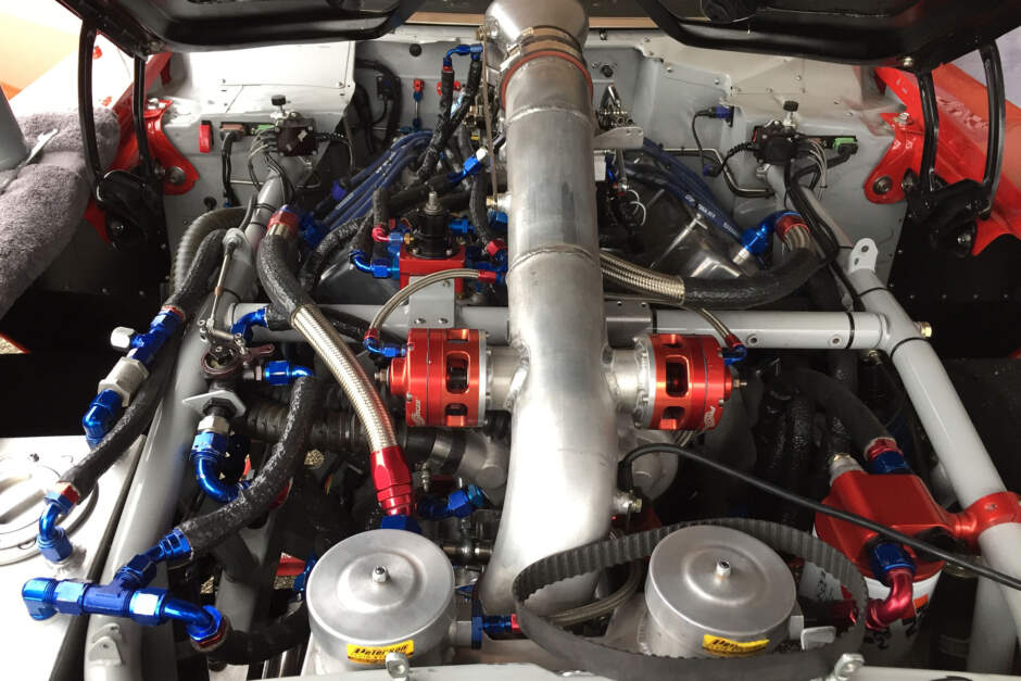 engine bay in the drag car