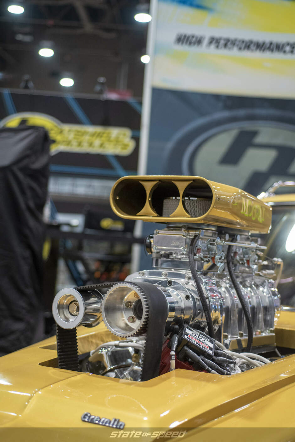 Blower on the one of a kind Gremlin hot rod at the Heatshield Products booth