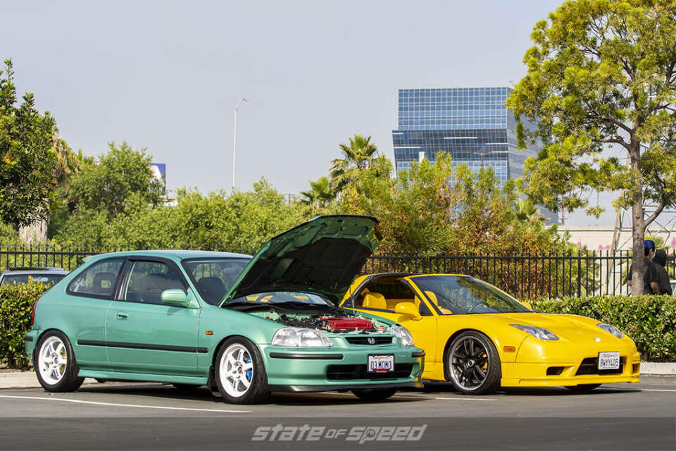 Green Honda Civic and Yellow Acura NSX at State of Speed Los Angeles LA
