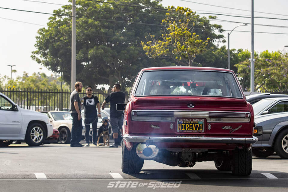 Red Datsun 510 Coupe at state of speed Los Angeles LA