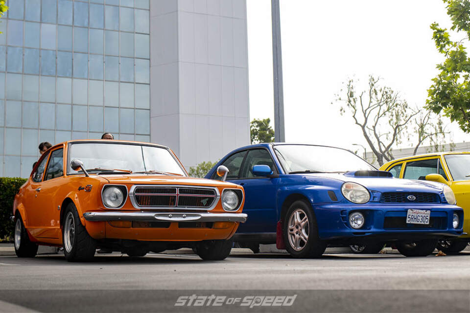 Orange Toyota Sprinter and Blue Subaru WRX bugeye at State of Speed Los Angeles LA