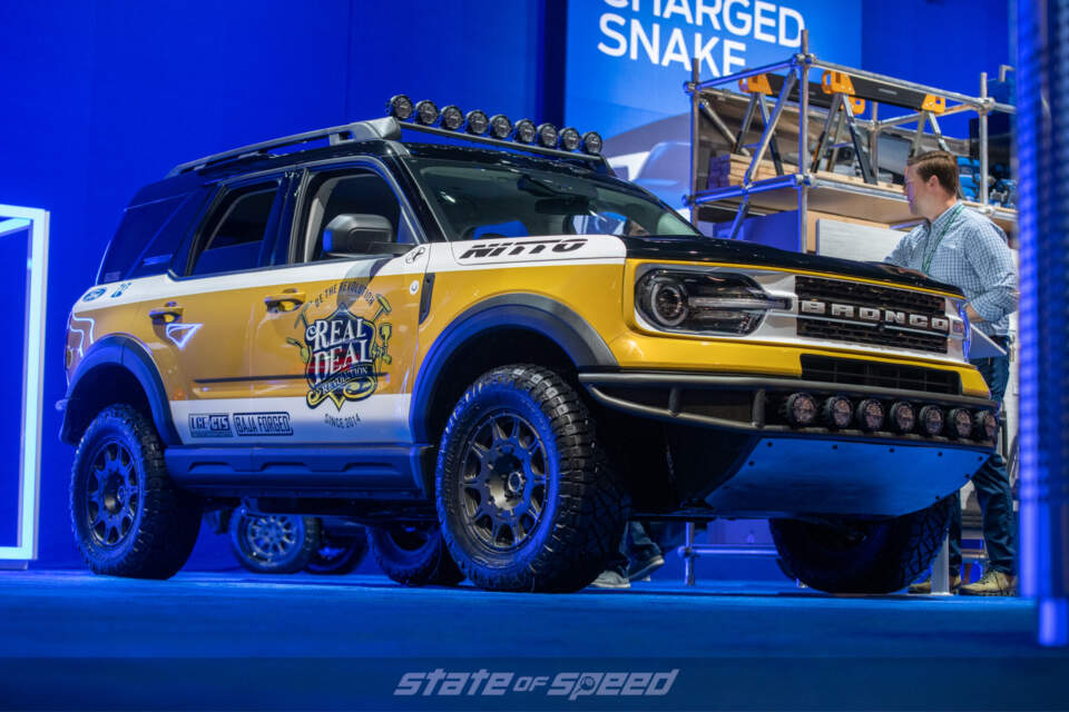 Yellow Real Deal Ford Bronco Sport at Sema 2021 on Nitto Tires