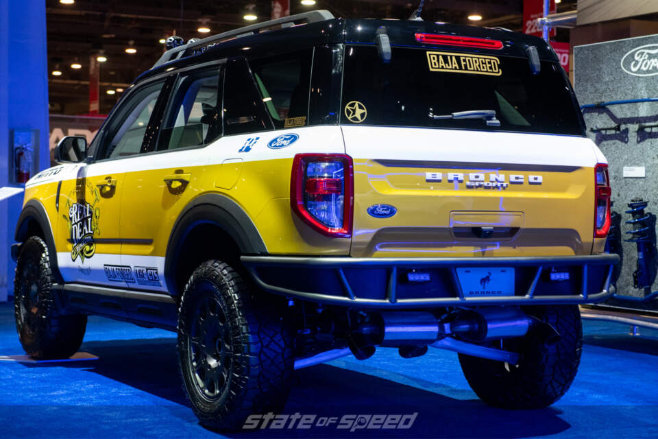 Real Deal Yellow Ford Bronco Sport Rear at SEMA 2021 Ford Booth