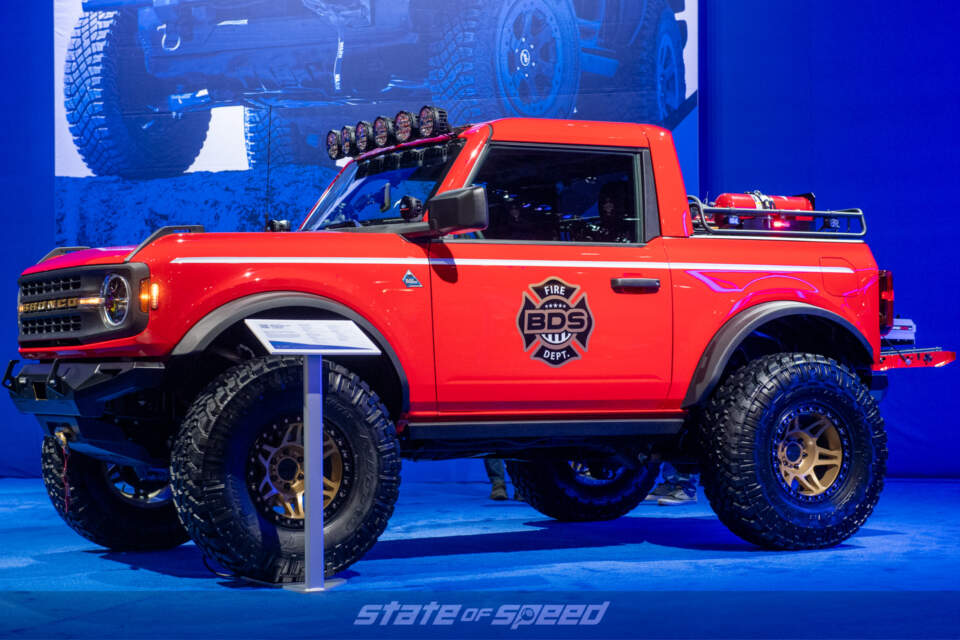 BDS Fire Department Red Ford Bronco Black Diamond at SEMA 2021 in Ford Booth