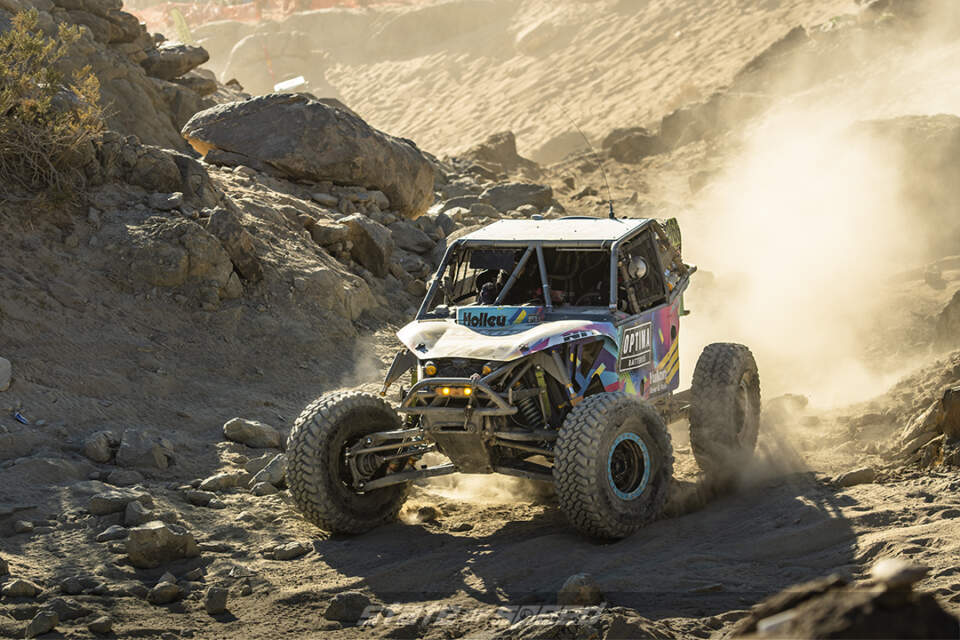 Optima batteries desert racer climbs up a hill at King of the Hammers 2022